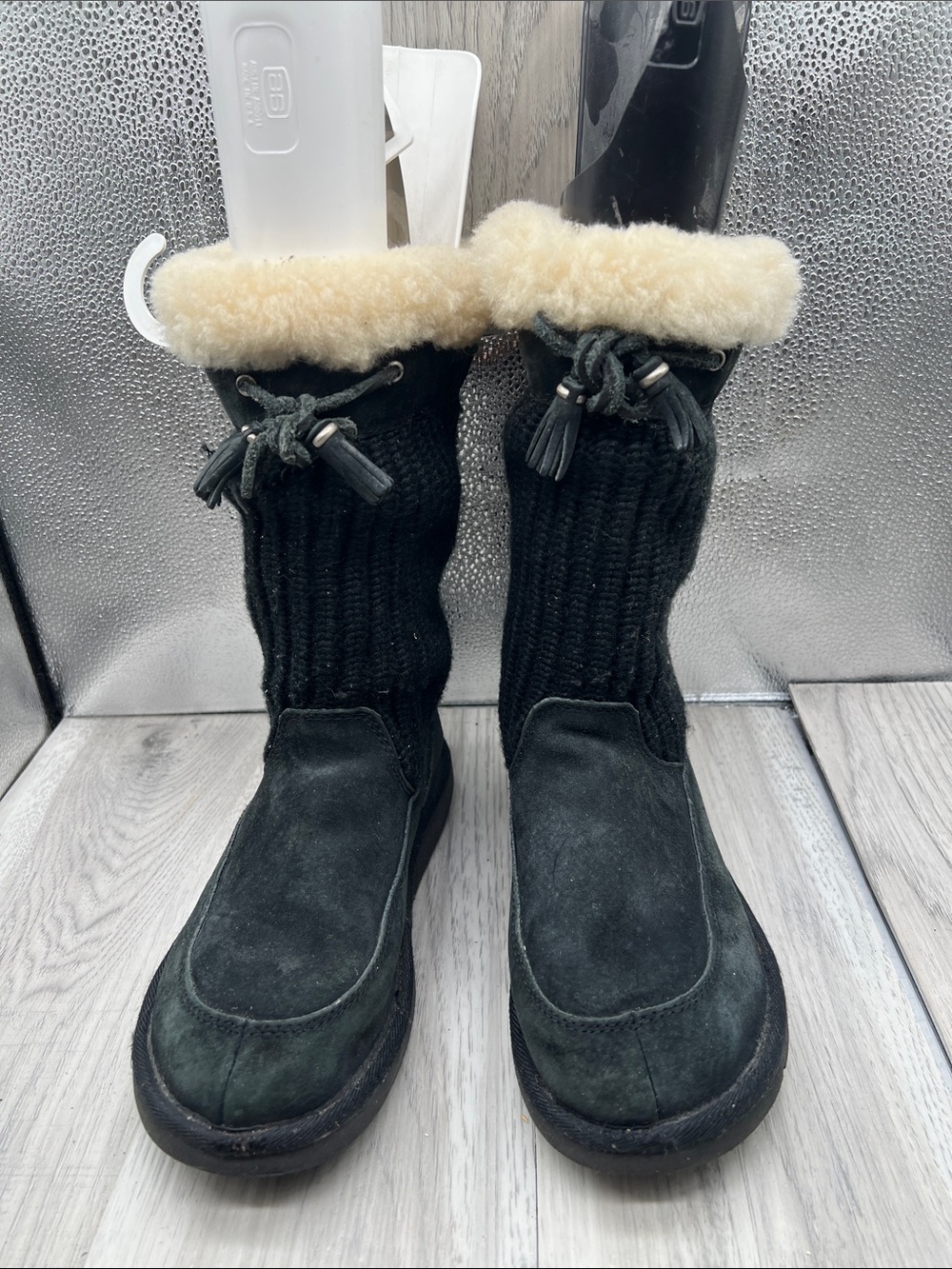 UGG Suburb Crochet Knit Black Suede Winter Boots with Shearling Trim Size 8
